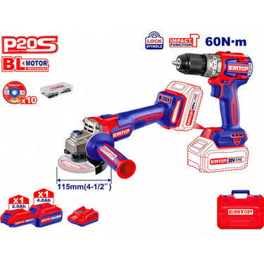 KIT TALADRO + AMOLADORA 20V BATERIA P20S EMTOP (CON BATERÍAS 1x2.0Ah 1x4.0Ah, CARGADOR, MALETÍN)